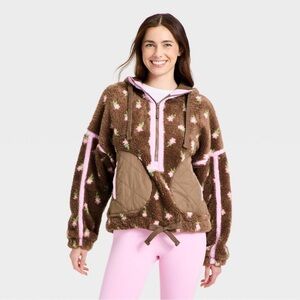 JoyLab Contrast High Pile 1/2 Zip Sherpa Jacket Brown Pink Floral